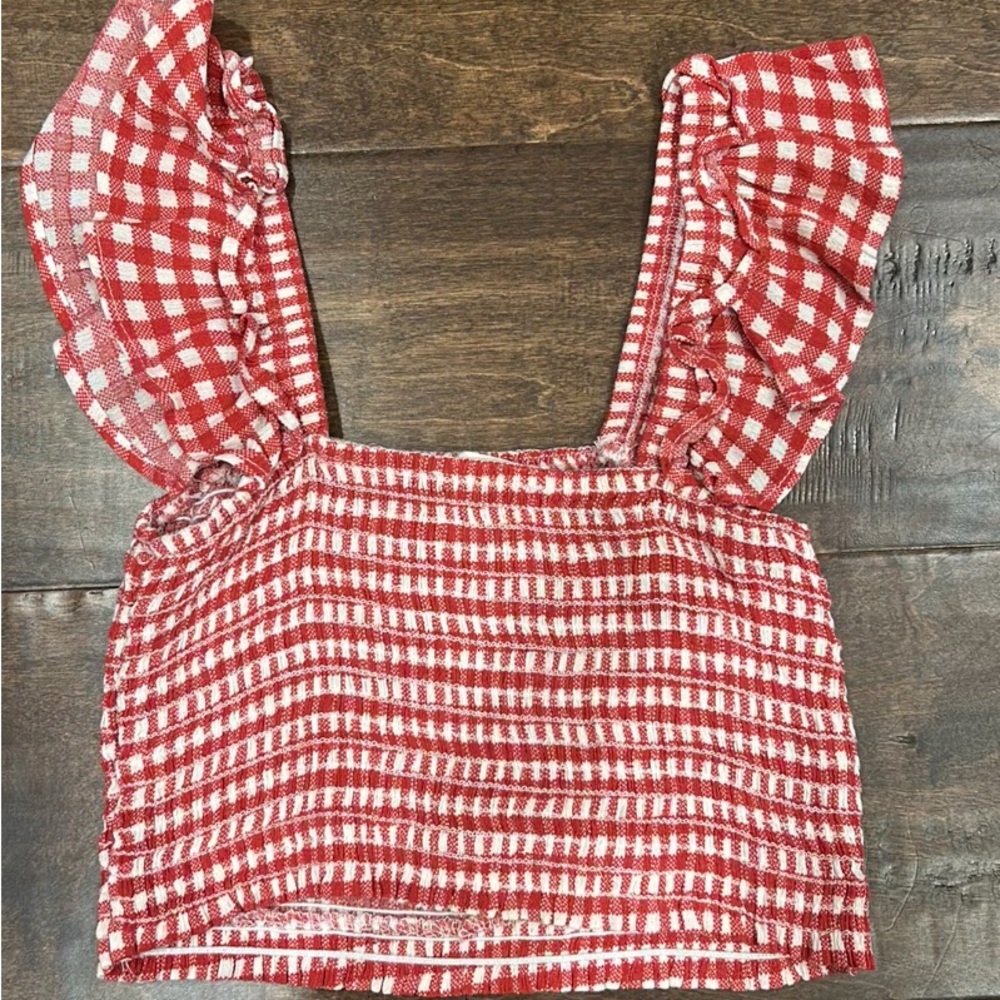 Altard State Red Gingham Ruffle Sleeve Top